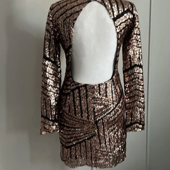 ZARA Holiday Glam Rose Gold Sequined Open Back Body Contoured Mini Dress - Picture 2 of 8
